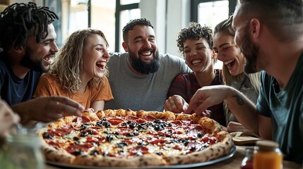 Diverse group of friends happily sharing a large pizza during a casual get together celebrating togetherness and inclusive community