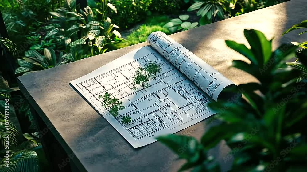 Poster blueprints spread out on a table, nestled between rich, green plants and trees, symbolizing the purs