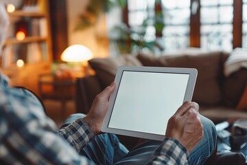 Adult man using digital tablet with blank screen at home
