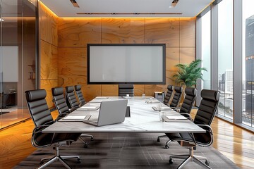 Modern boardroom with blank TV screens