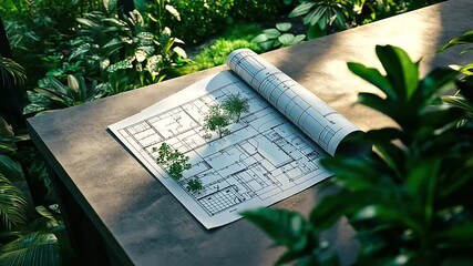 Blueprints spread out on a table, nestled between rich, green plants and trees, symbolizing the pursuit of environmentally friendly building methods and sustainable architecture.