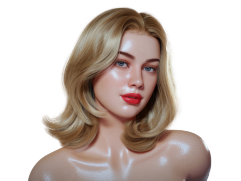 Blonde Woman with Vibrant Red Lips and Glowing Skin under Natural Light on Transparent Background