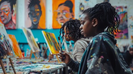 Youthful artists engaged in creative painting in a vibrant art studio.