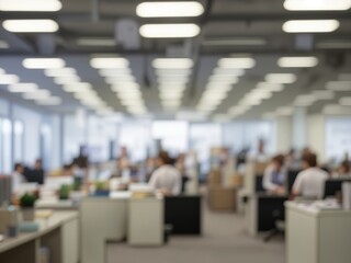 The workspace is alive with activity as employees focus on tasks, exchanging ideas in a modern, open-plan office setting