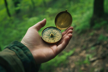 Hand holding a vintage compass in a forest, symbolizing exploration, guidance, and adventure in the natural wilderness