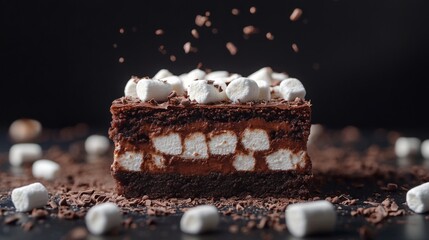 A rich chocolate dessert layered with marshmallows and topped with chocolate shavings rests on a dark surface. Small marshmallows surround the treat, adding a playful and indulgent touch.