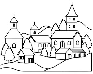 Village Coloring Page with White Background