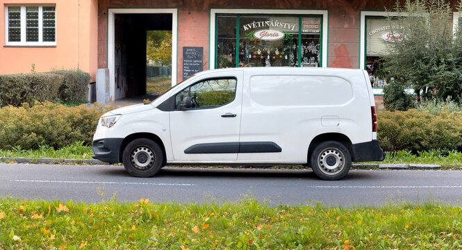 White Opel Combo E K9 panel van car parked on street, side view