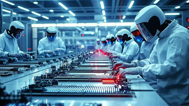 Microchips are handled by robotic arms under the bright lights of a cleanroom, with high-tech precision machinery aligning and assembling them, symbolizing the future of electronic
