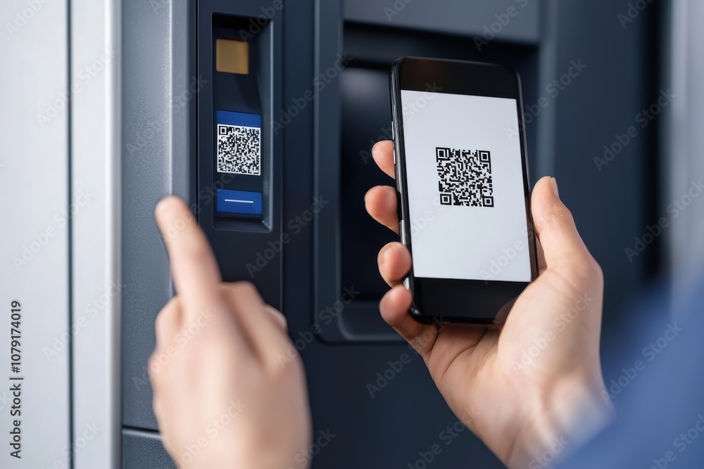 Fototapete a customer uses their smartphone to scan a qr code for contactless payment at the banks atm