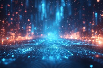 Vibrant digital abstract landscape with glowing particles and beams of light at night