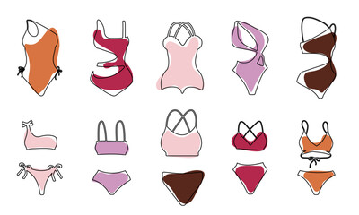 Set of pink, orange, purple, brown, red various women' bikinis in outline style isolated on white background for icons, webs, apps, banners