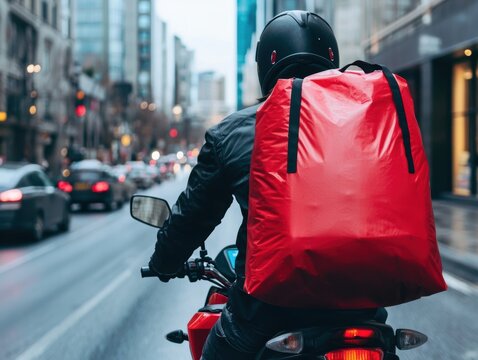 A food delivery rider on a motorbike navigates a busy city street, a bright thermal bag strapped to their back