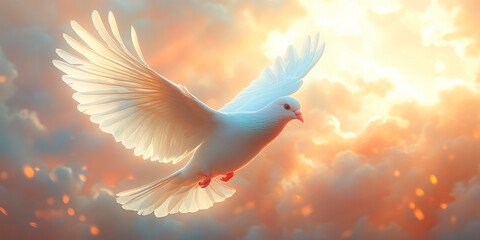 Obraz premium Ethereal white dove soaring against a fiery sunset, symbolizing hope and peace in a serene sky