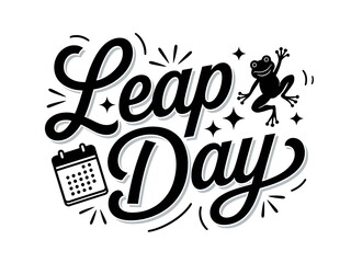 A black and white illustration of the words "Leap Day" with a frog and calendar icon