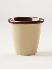 A paper coffee cup with a chocolate color rim, front view isolated on a simple white background