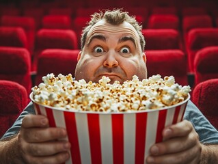 Overweight Person Happily Munching on Popcorn at Movie Theater Indulging in Classic Food and Entertainment Pairing