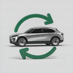 A 3D render illustration of a crossover silver or white car floating in the air with green circle arrows around. Isolated 3d icon. Trade in concert 