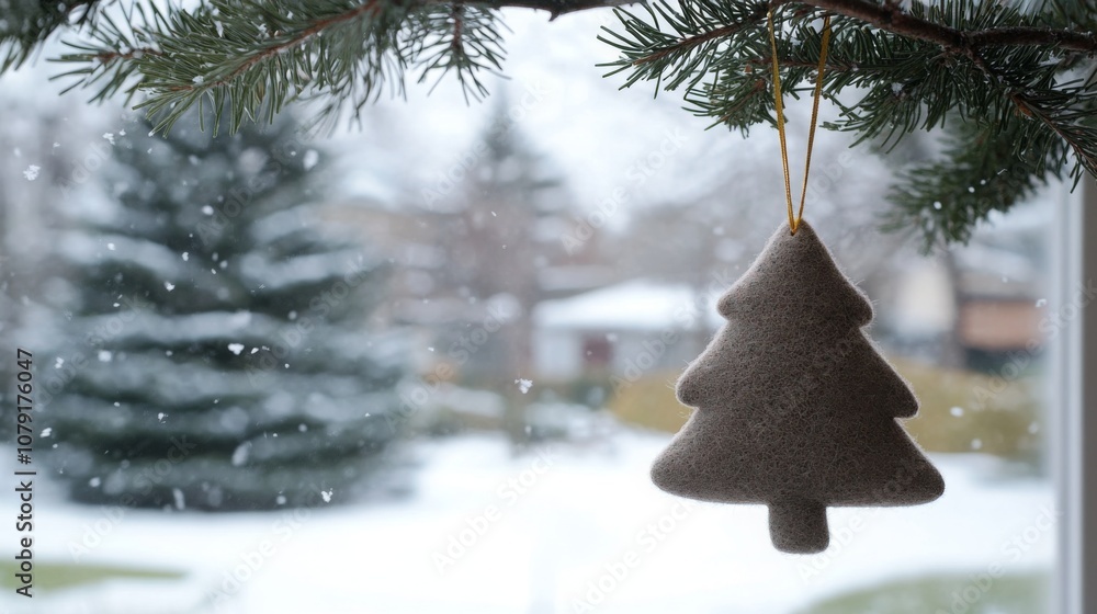 Poster a warm, handmade tree ornament hangs from a branch as snow gently falls in a cozy backyard. evergree