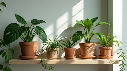Fototapeta premium Green indoor plants on a white wall background