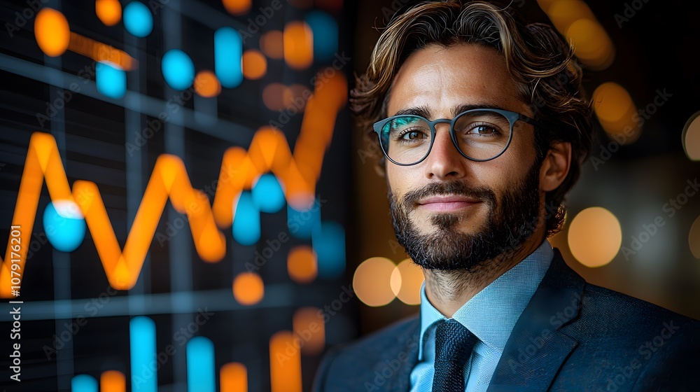 Poster confident businessman standing in front of a data visualization wall with graphs and charts indicati