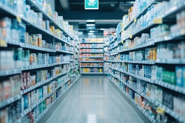 Aisle view of neatly organized grocery store shelves filled with diverse products