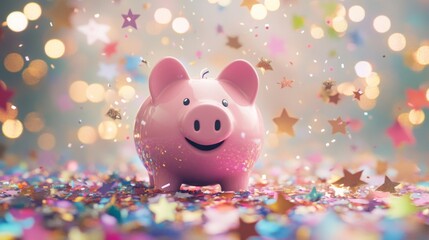 A pink piggy bank sits on a bed of colorful confetti. The piggy bank is smiling and has a shiny finish. The background is blurry and features colorful lights, confetti, and stars.