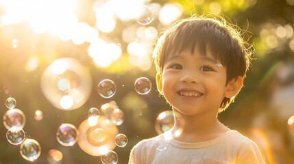 Carefree Kid Playing with Shimmering Soap Bubbles in Sunny Backyard