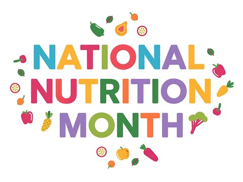 Colorful "National Nutrition Month" Text Surrounded by Fruit and Vegetable Icons