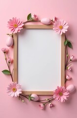 Easter-themed decoration in pink colors, with flowers, eggs and an empty frame on a soft pink background