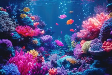 Naklejka premium Dreamlike underwater scene with vibrant coral reefs, neon fish, and glowing bubbles against a surreal, otherworldly ocean floor