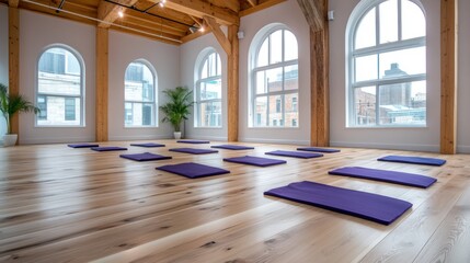Fototapeta premium Spacious yoga studio with wooden beams and mats arranged for a class in a bright urban location