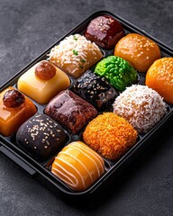 A vibrant assortment of colorful Asian sweets arranged neatly in a black tray, showcasing diverse textures and flavors.