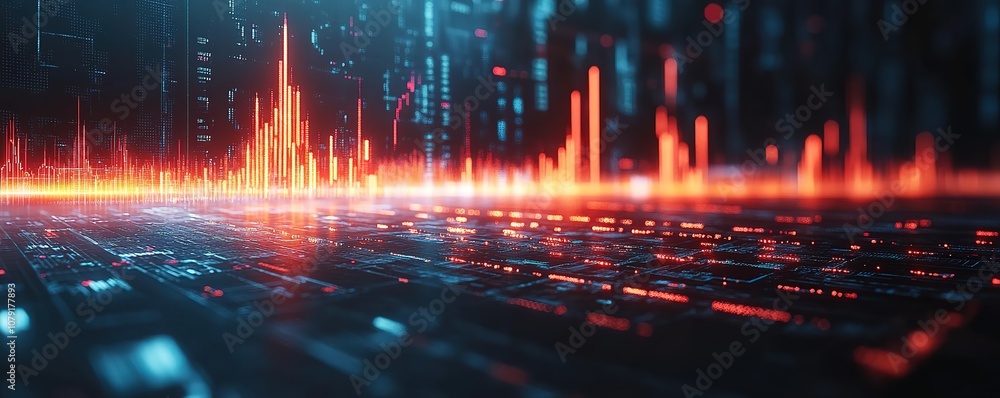 Poster abstract digital background with glowing red and blue lines and shapes.