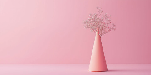 Minimalist pink composition with floral arrangement in cone vase