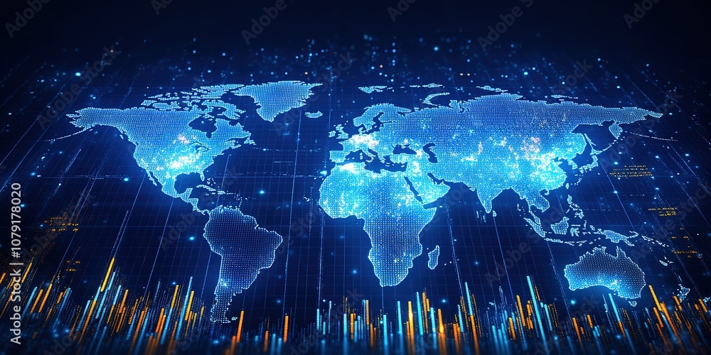 Poster A digital rendering of the world map, highlighting global connectivity and data flow. The image features a blue and white color palette, creating a modern and futuristic feel.