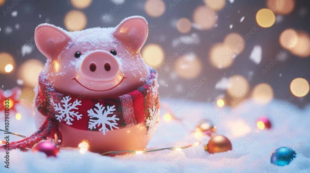 Poster a cheerful piggy bank, covered in snow and wearing a scarf, sits on a snowy surface with colorful or