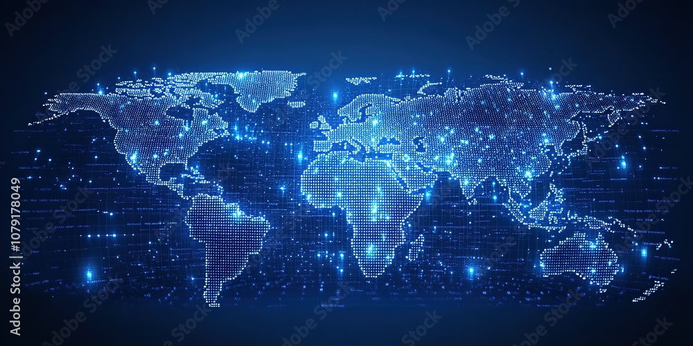 Poster a digital world map made of glowing blue dots, representing a global network of interconnected data.