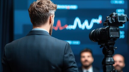 A CEO announces record-breaking profits at a press conference, cameras flashing as charts are displayed