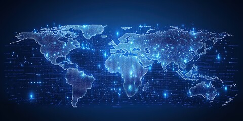 Obraz premium A digital world map made of glowing blue dots, representing a global network of interconnected data.