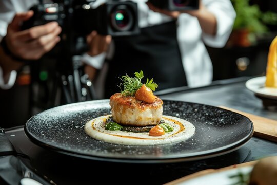 A chef presents a plated dish to judges in a culinary competition, the table surrounded by cameras and flashing lights