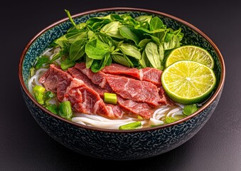 Fototapeta premium A vibrant bowl of pho, featuring tender beef slices, fresh herbs, lime, and rice noodles, showcasing a delightful Vietnamese dish.