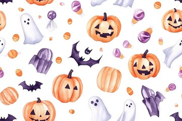 Naklejka premium Halloween Elements Pattern with Pumpkins, Ghosts, Bats, and Candy in Bright Colors