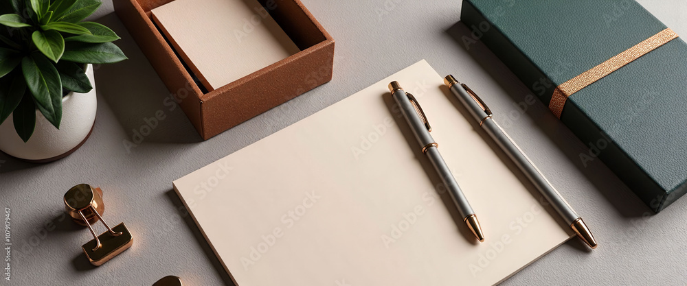 Poster a white notebook sits on a table with a pen and a cup of coffee. the notebook is open to a blank pag