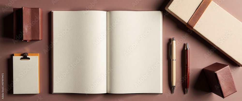 Poster a white notebook sits on a table with a pen and a cup of coffee. the notebook is open to a blank pag