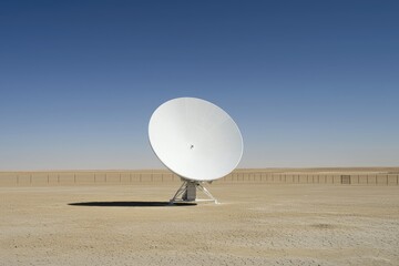 A satellite dish array in a remote desert transmits data under a clear blue sky, surrounded by a fenced facility