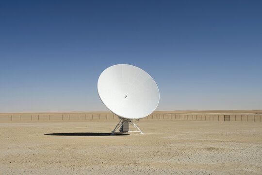 A satellite dish array in a remote desert transmits data under a clear blue sky, surrounded by a fenced facility