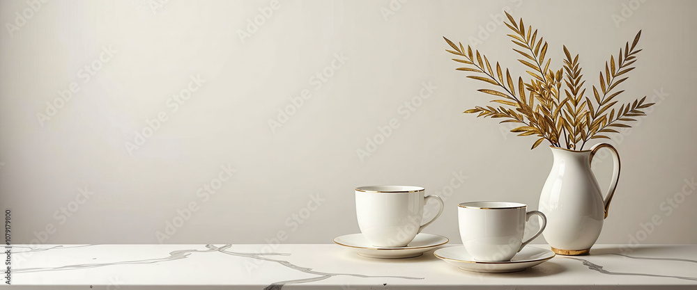 Poster a white table with two cups and a vase of flowers. the table is clean and uncluttered, with a simple