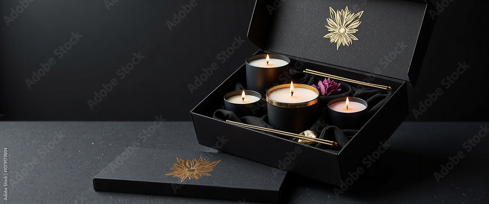 Poster a black box with a white background and a set of gold colored napkins. the napkins are arranged in a