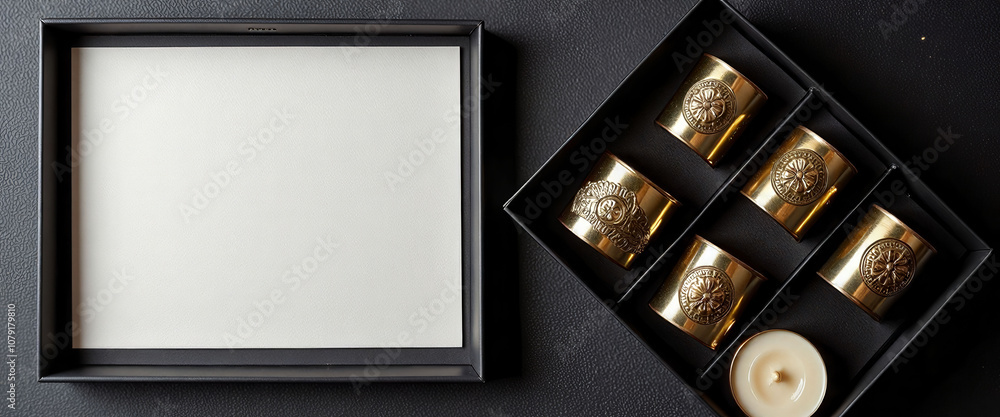 Poster a black box with a white background and a set of gold colored napkins. the napkins are arranged in a